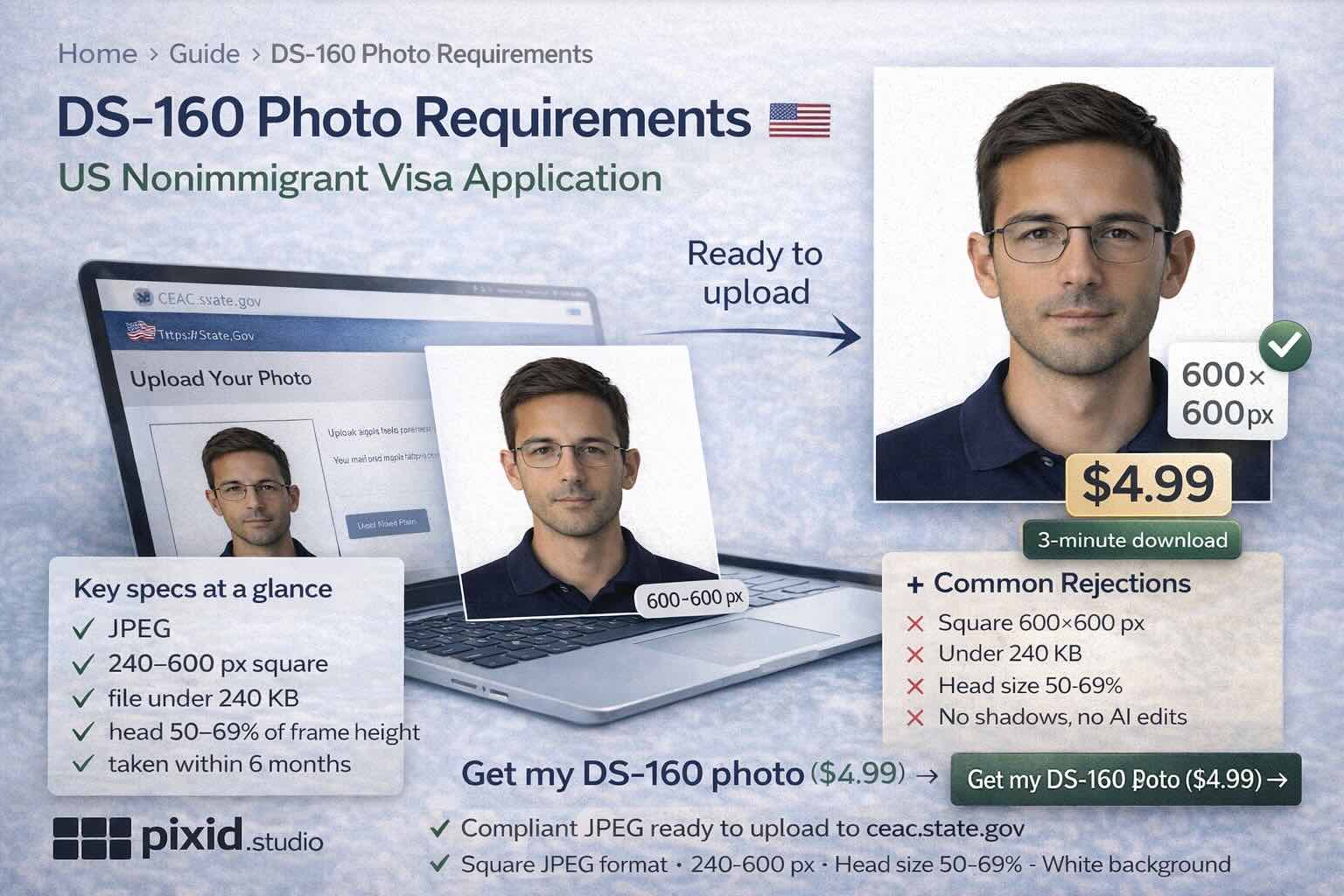 DS-160 photo requirements: compliant JPEG 600×600px, under 240 KB, head 50–69% of frame, white background. Ready to upload to ceac.state.gov. $4.99, 3-minute download.