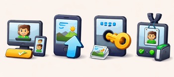 How it works: account, upload, key, badge — four steps.