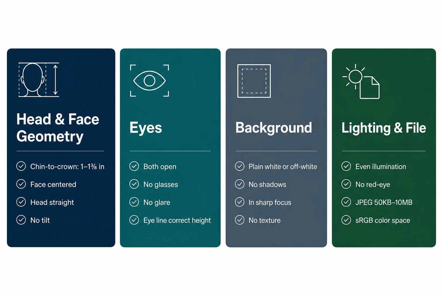 Four passport photo compliance categories: head and face geometry, eyes, background, lighting and file format