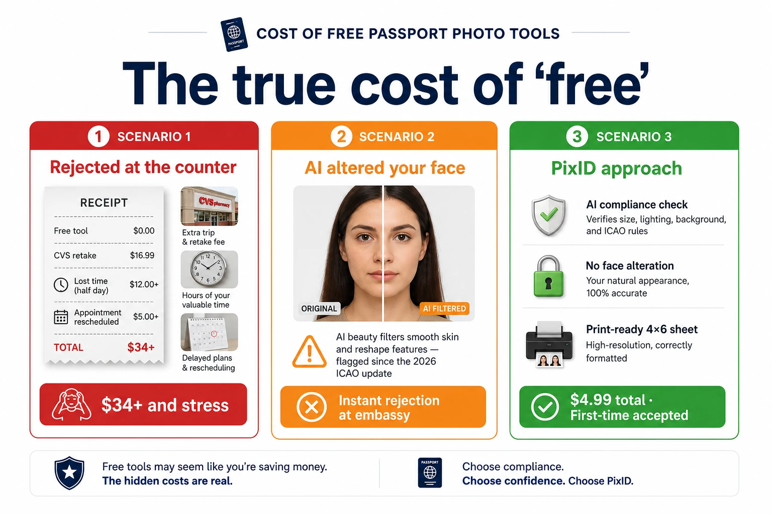 True cost of free passport photo tools: 3 scenarios — CVS rejection ($34+), AI face alteration, PixID ($4.99 total)