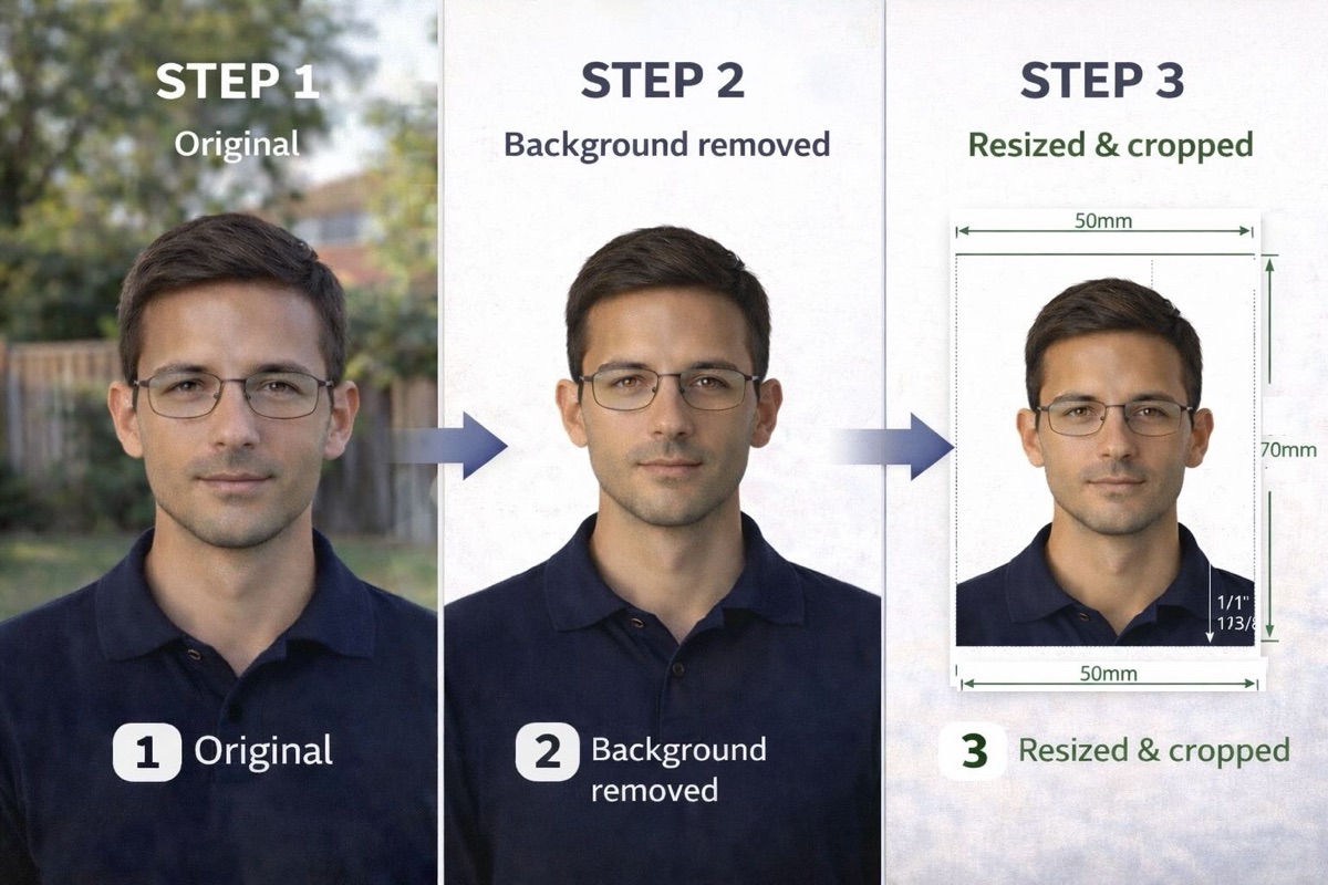 Original photo → Background removed → Resized & cropped to specs