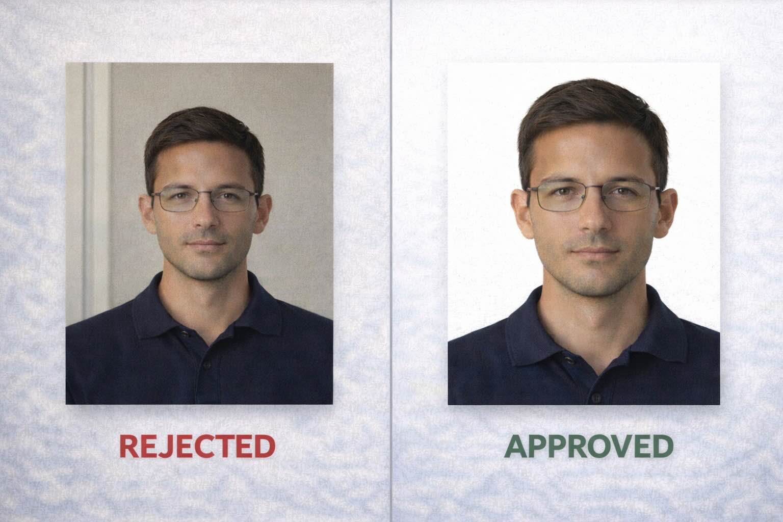 Rejected: off-white, uneven background. Approved: clean white background, compliant.