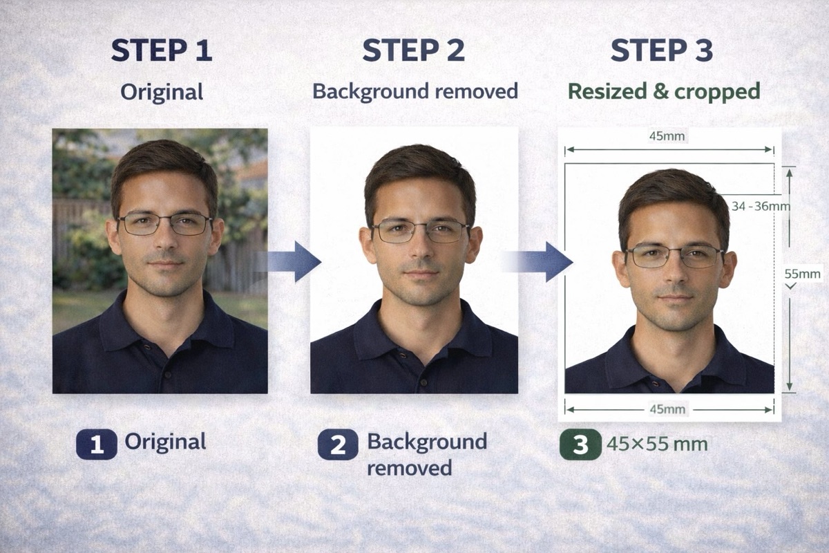 Original photo → Background removed → Resized & cropped to specs