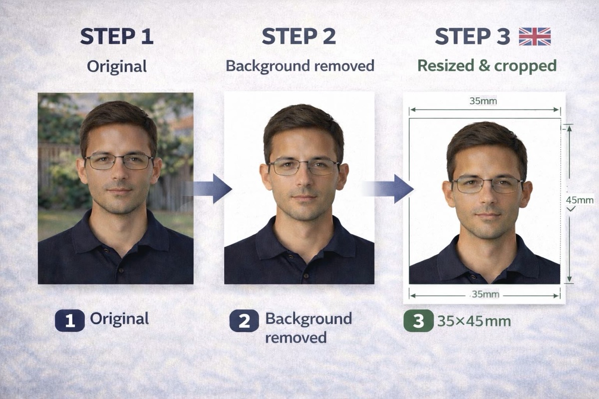 Original photo → Background removed → Resized & cropped to specs