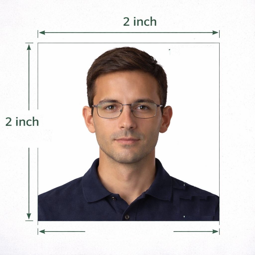 Diagram: US passport photo 2×2 inch requirements — head height and eye placement.