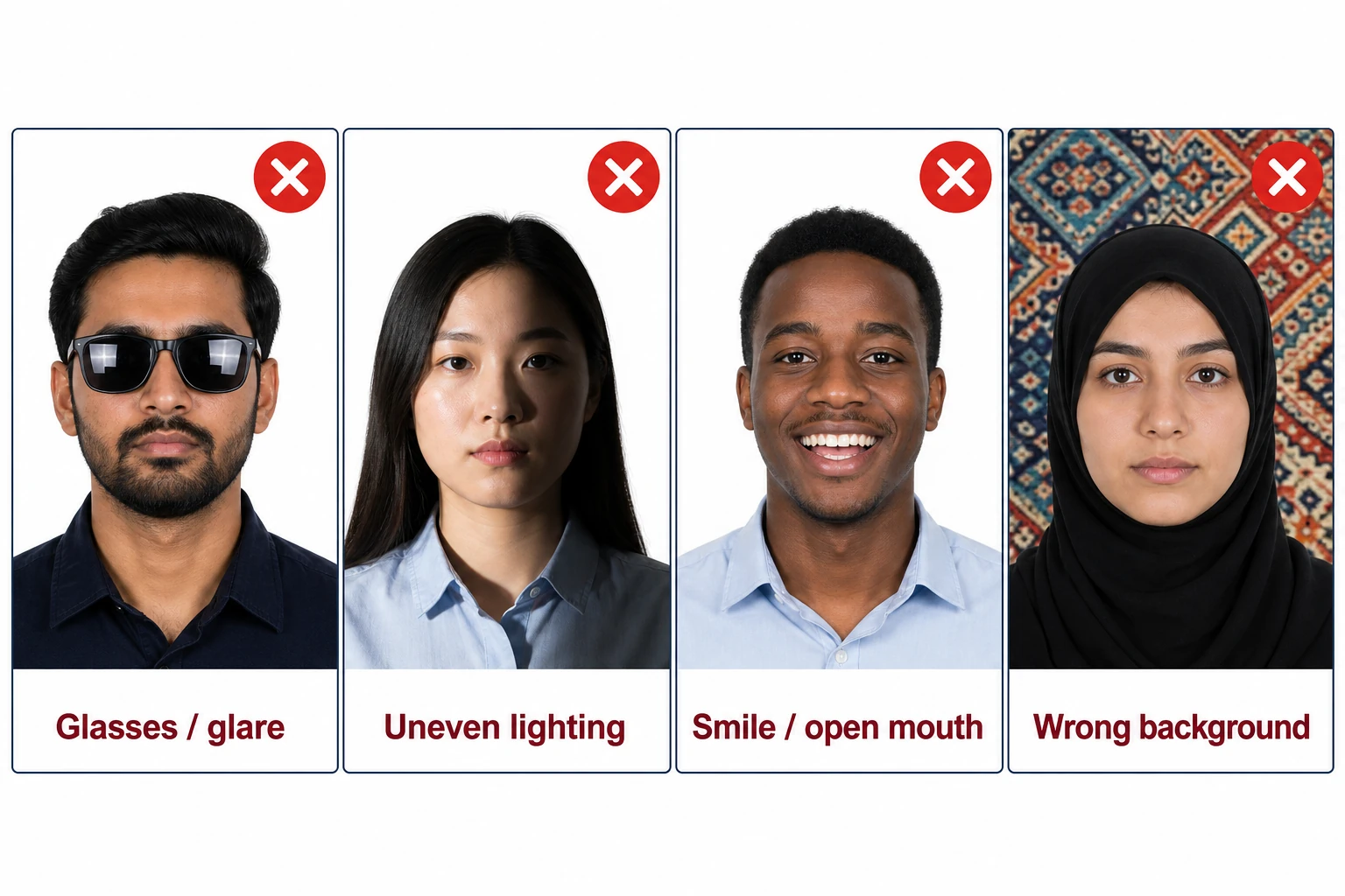 Passport photo rejection examples: glasses, uneven lighting, smiling, wrong background