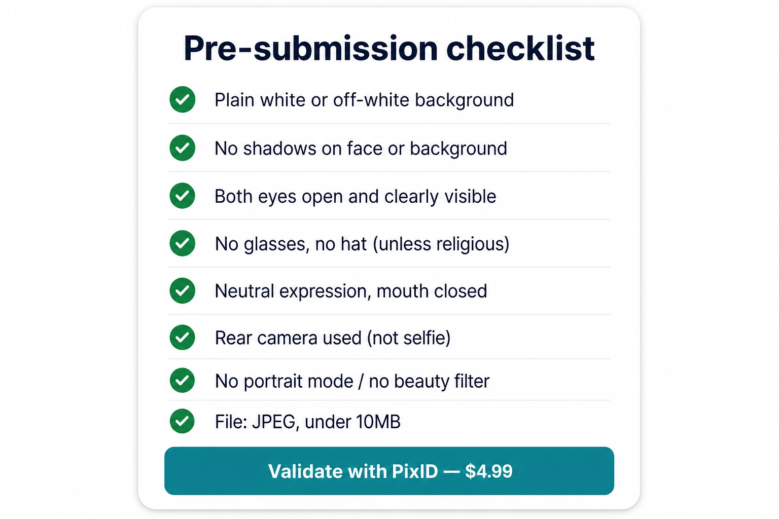 Pre-submission passport photo checklist — 8 compliance checks before you submit