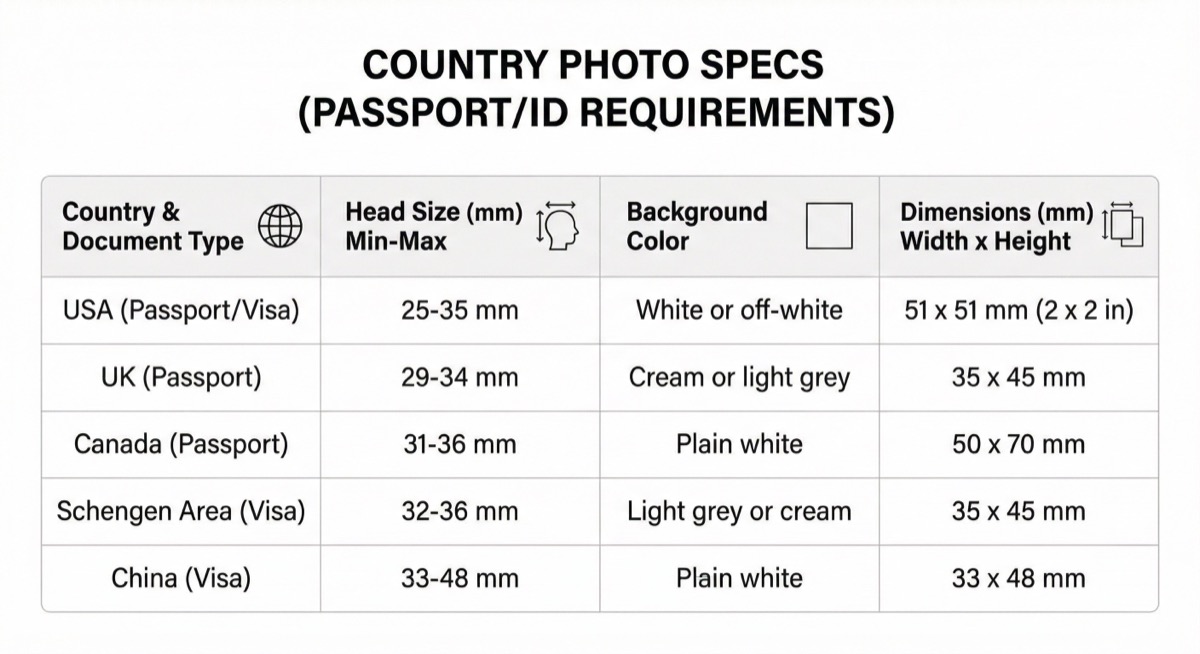 Country photo specs: head size, background, dimensions