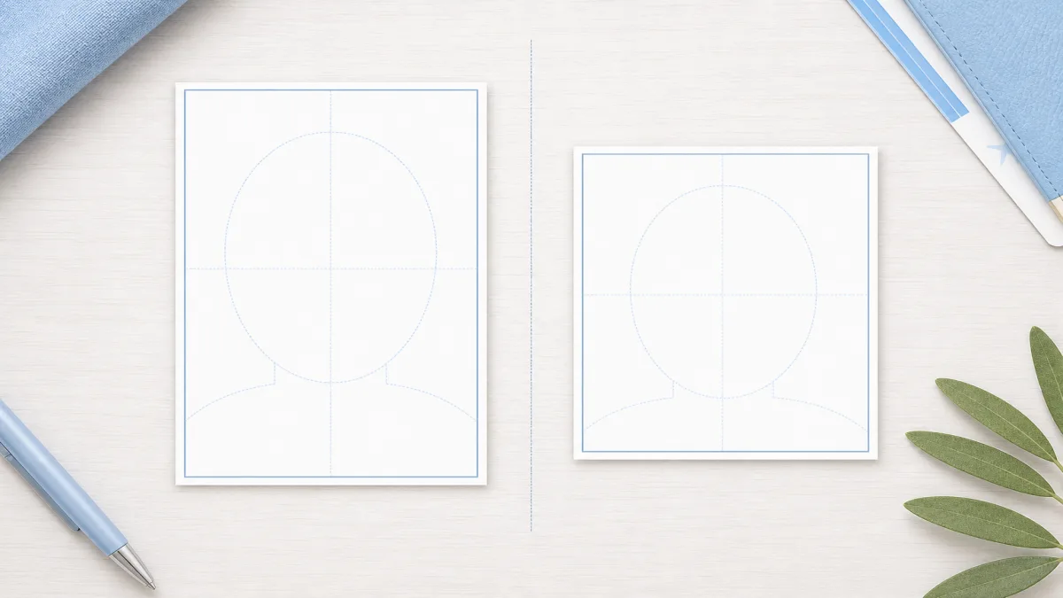 Empty frame comparison: taller Greece 40×60 mm passport photo vs shorter EU Schengen 35×45 mm