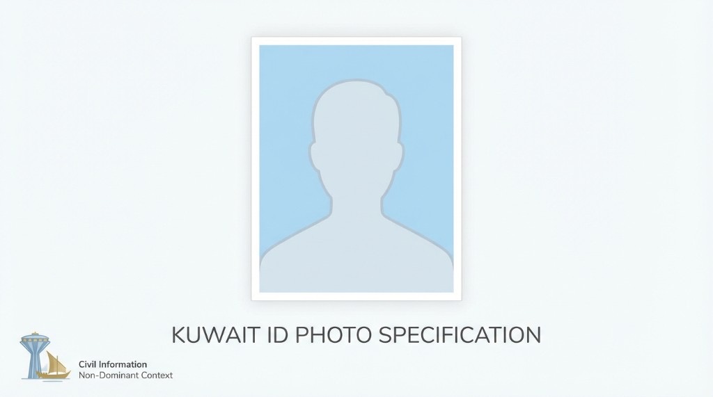 مخطط توضيحي لصورة بطاقة مدنية كويتية: إطار عمودي بخلفية زرقاء فاتحة موحّدة مع شكل رأس رمادي — التأكيد على أن الخلفية ليست بيضاء