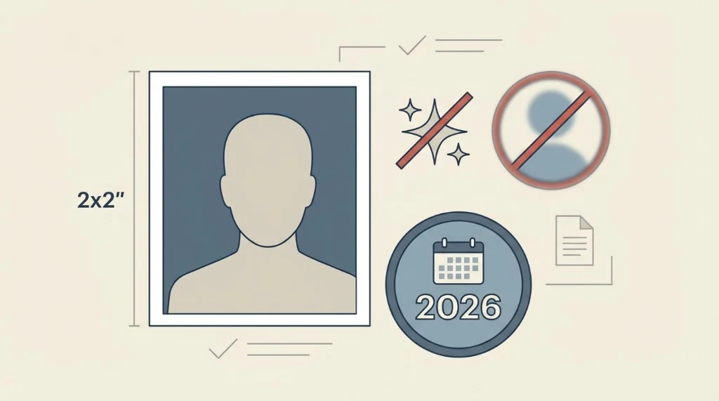 Passport photo requirements 2026 — 2×2 inch, no AI editing, no glasses