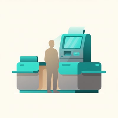 Customer at a retail counter holding a sheet of printed US passport-size photos; wood counter, passport photo kiosk and booth in the background