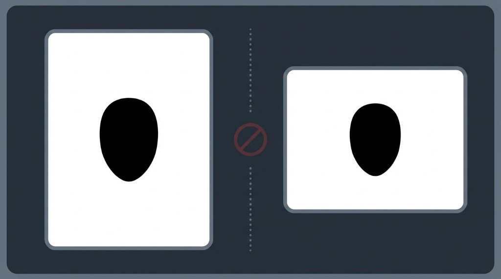 مقارنة بصرية: إطاران أبيضان على خلفية داكنة مع شكل رأس مبسّط وفاصل «لا تخلط» بينهما — مقاس تأشيرة الإمارات مقابل الهوية الإماراتية