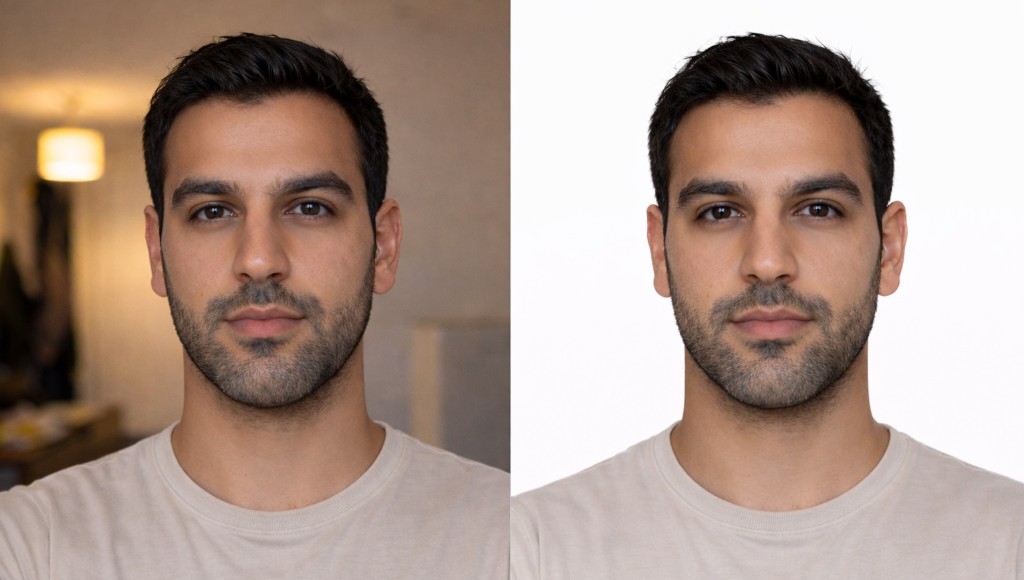 قبل وبعد: صورة الهوية — خلفية بيضاء مطابقة للمتطلبات