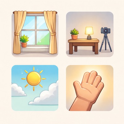 Lighting checklist: window, no shadows, time of day, hand test.