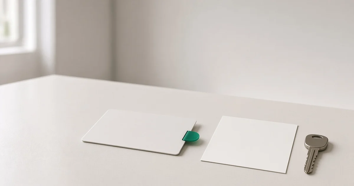 A blank license-shaped card, a key, and a square print