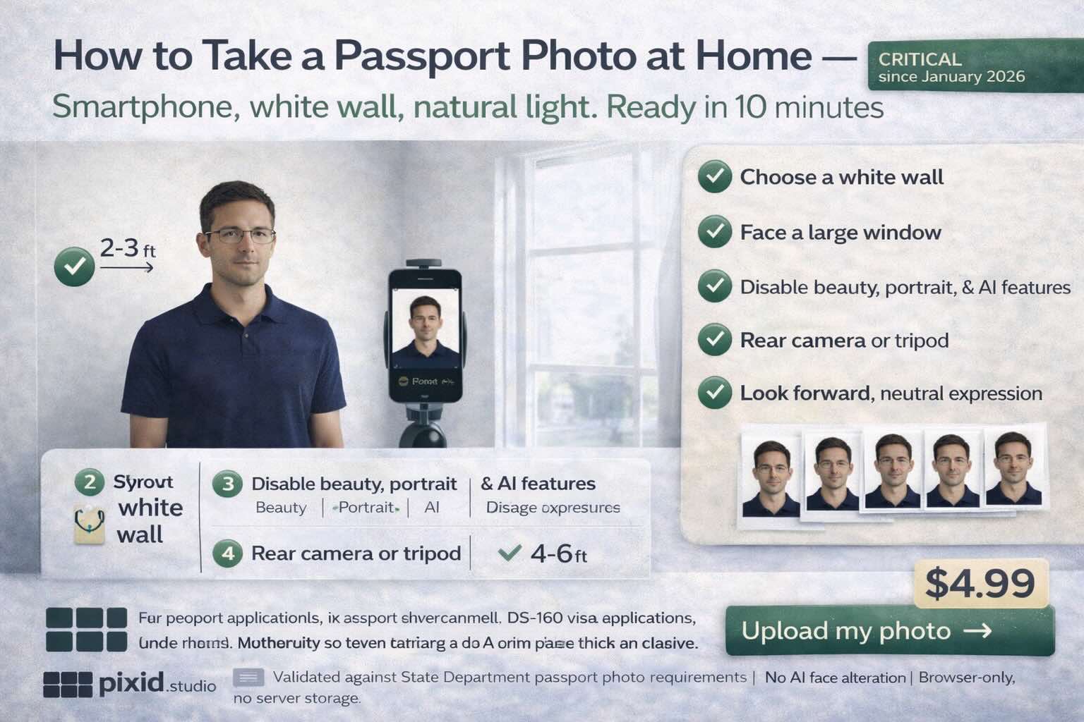 Passport photo at home: white wall, face a large window, 2–3 ft from wall. Disable beauty, portrait & AI features. Rear camera or tripod, 4–6 ft. Neutral expression. Ready in 10 minutes. Critical since January 2026.