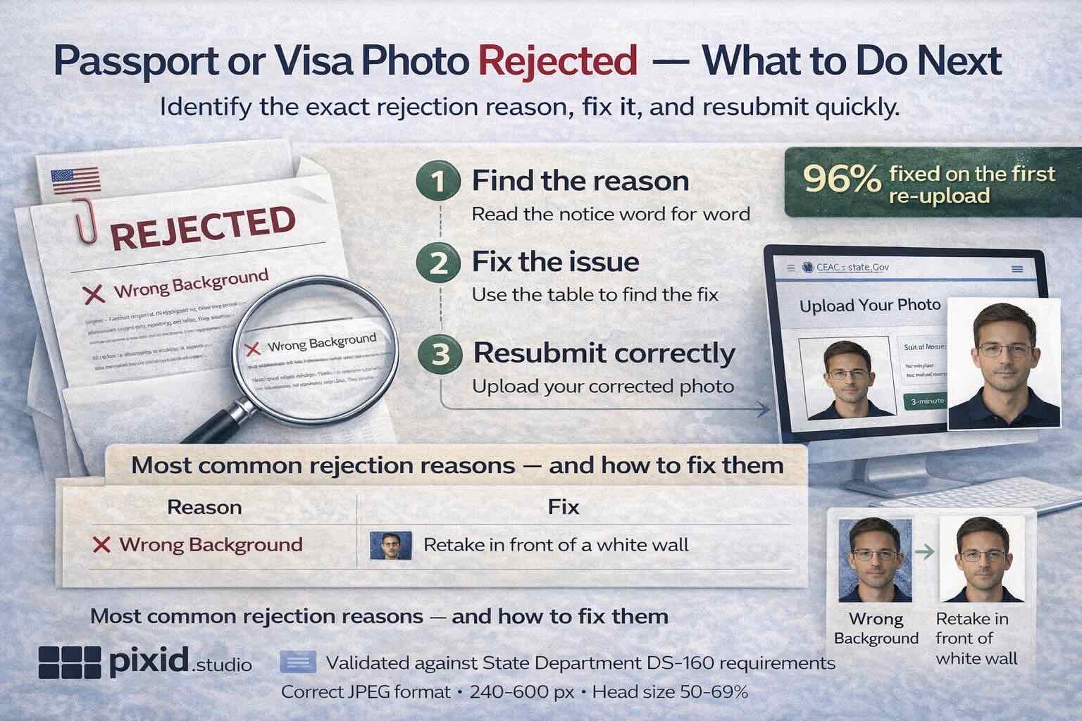 Passport or visa photo rejected: identify the exact rejection reason (e.g. wrong background), fix it using the guide, resubmit correctly. 96% fixed on first re-upload. CEAC, State Department, USCIS.