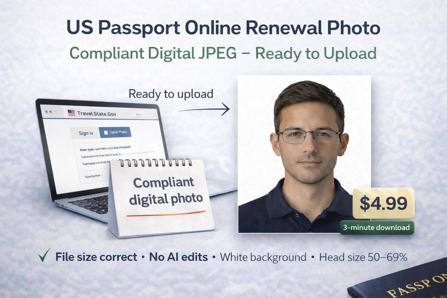 US Passport Online Renewal Photo: compliant digital JPEG ready to upload to travel.state.gov — file size correct, no AI edits, white background, head size 50–69%. $4.99, 3-minute download.